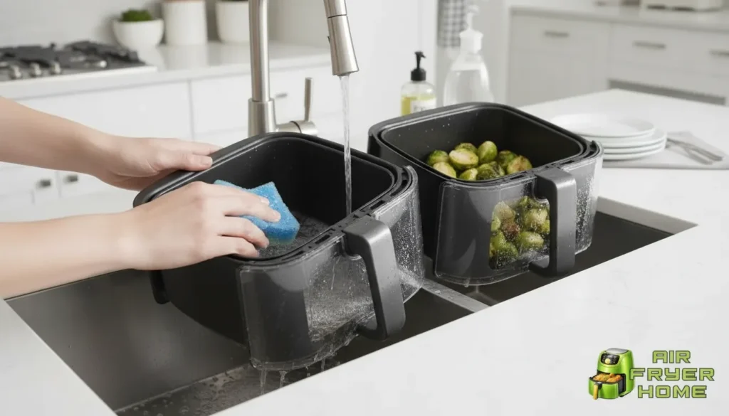 Nonstick basket and tray being rinsed to show easy cleaning