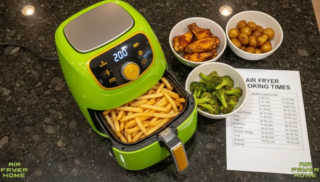 air fryer cooking times table for frozen foods, chicken, and reheating with a basket air fryer