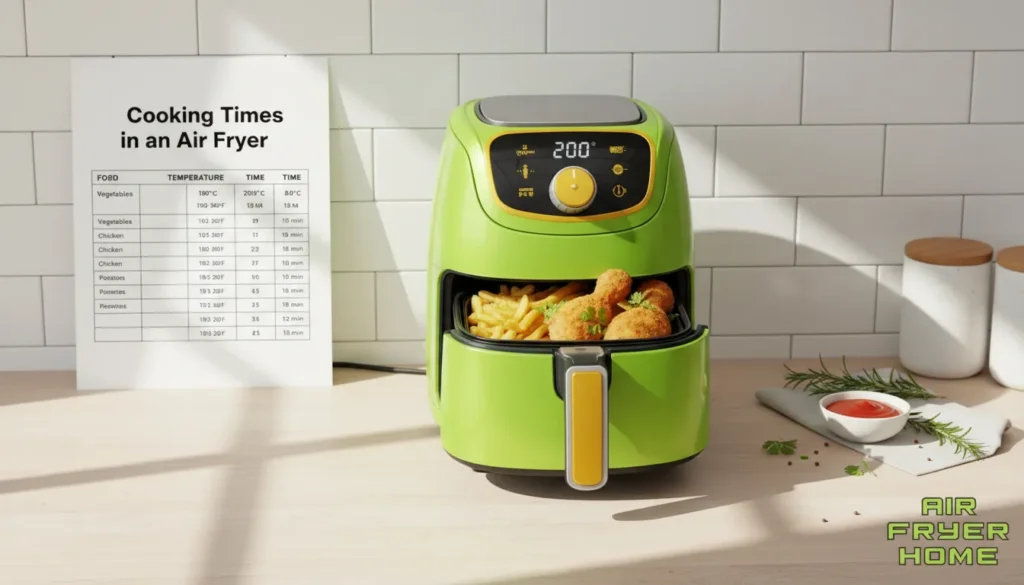 air fryer cooking times chart showing quick temperature zones for common foods