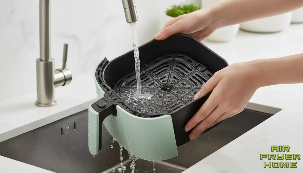 Nonstick basket being rinsed to show easy cleaning and residue release