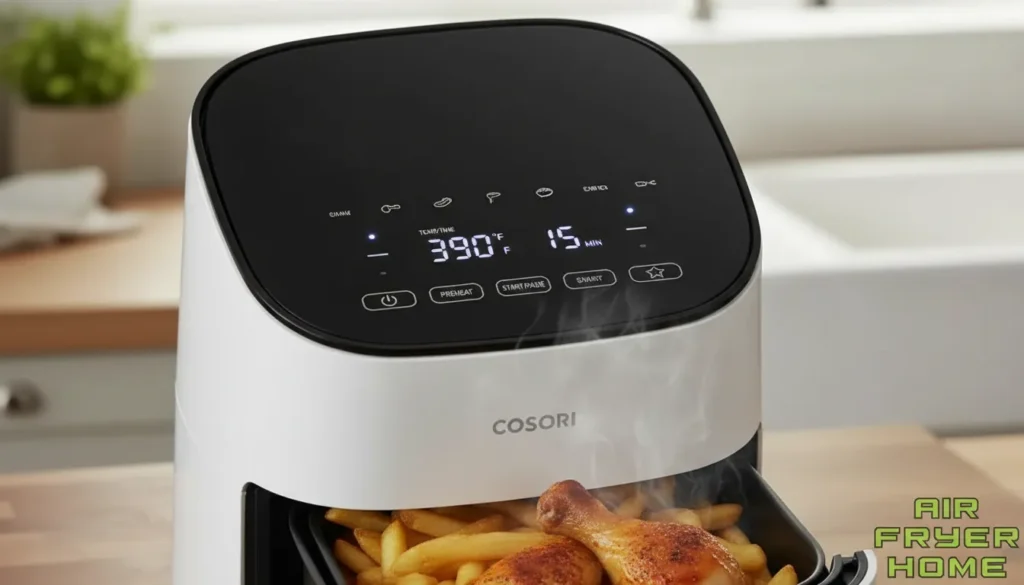 Control panel close-up showing cooking presets and temperature adjustment