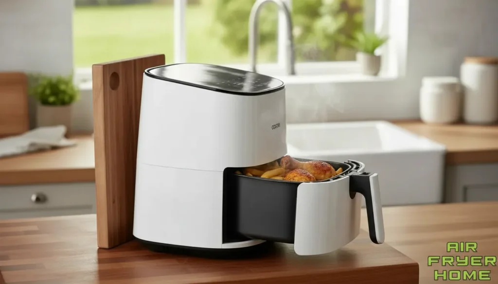 Side profile showing the air fryer footprint on a countertop next to a cutting board for scale