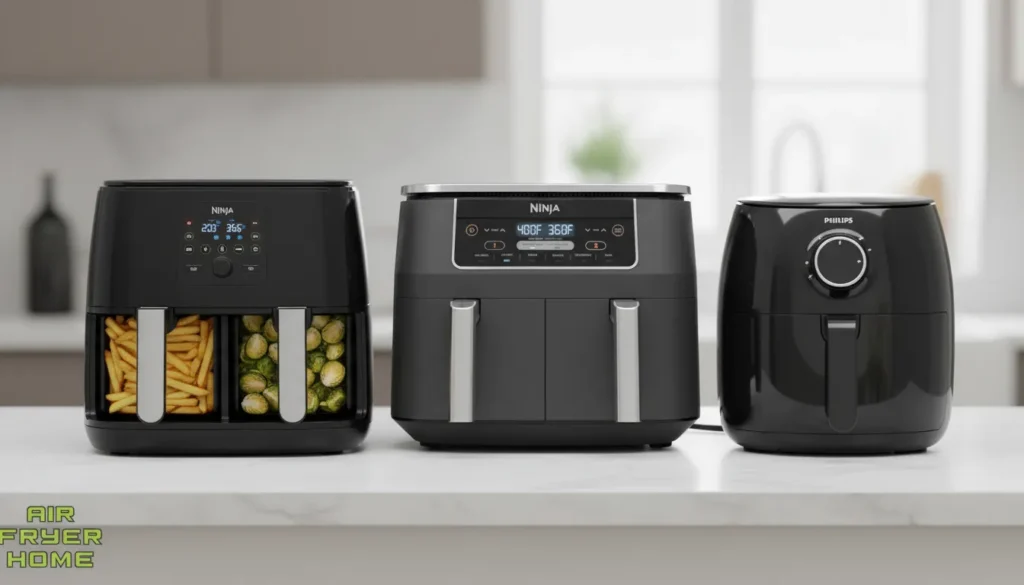 Comparison view showing an Instant Vortex Plus XL 8QT-style air fryer next to similar large-family air fryers