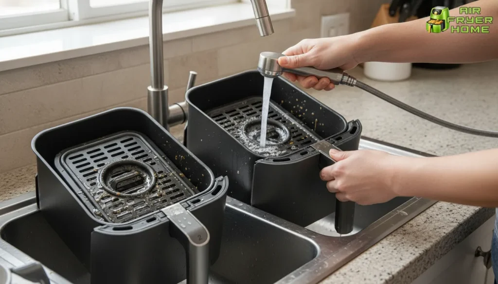 Nonstick basket being rinsed to show easy cleaning and residue release