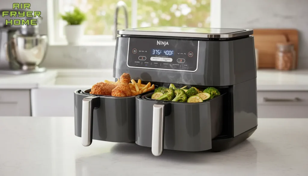 Ninja DZ201 DualZone Air Fryer Review — product photo showing dual baskets in a real kitchen setup