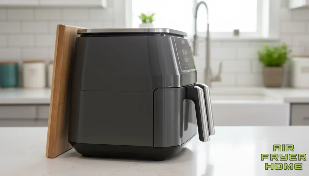 Side profile showing footprint and height on a countertop next to a cutting board for scale