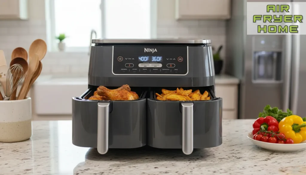 Dual basket air fryer on countertop with two different foods cooking side by side