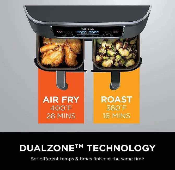 Two-basket air fryer meal result showing crispy wings and roasted vegetables plated side by side