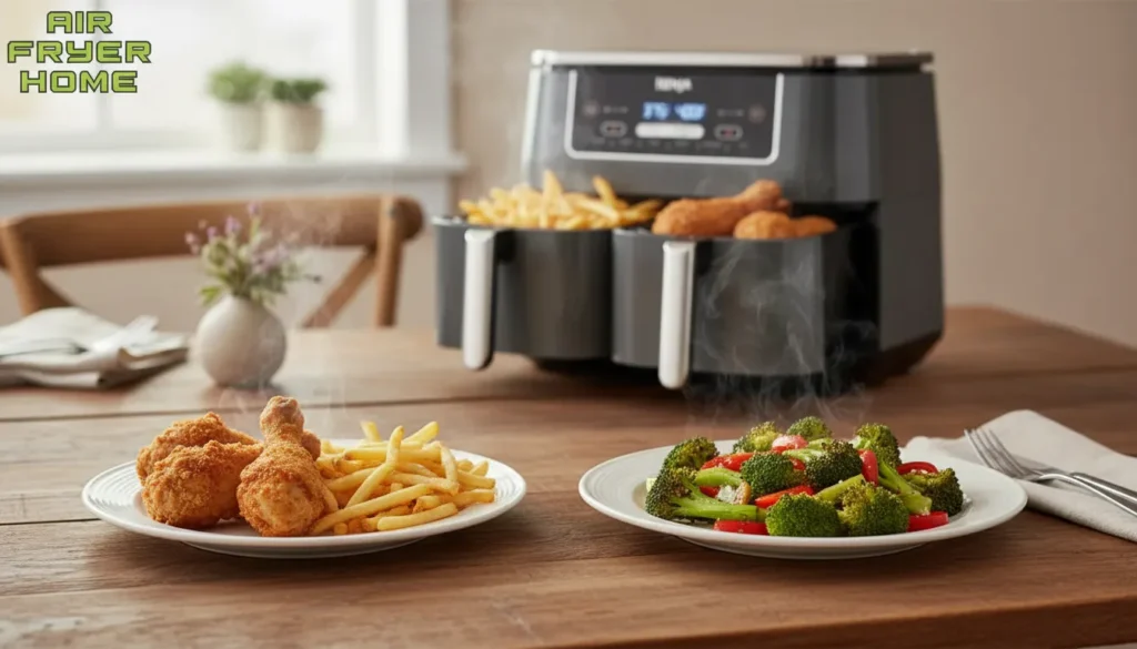 Dual basket air fryer meal served on plates in a real kitchen dinner setting