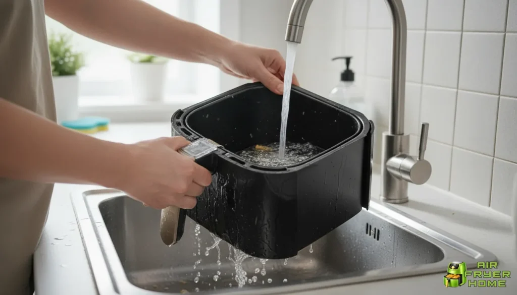 Removable tray being rinsed to show easier cleanup after greasy foods