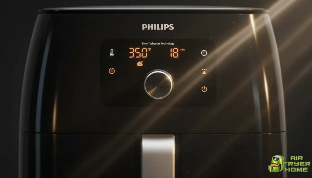 Close-up of the Philips Airfryer XXL digital control panel with presets and keep-warm