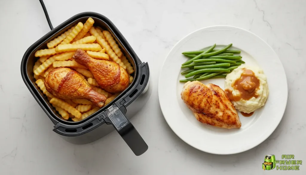 Basket capacity shown with a dinner plate and chicken pieces for scale