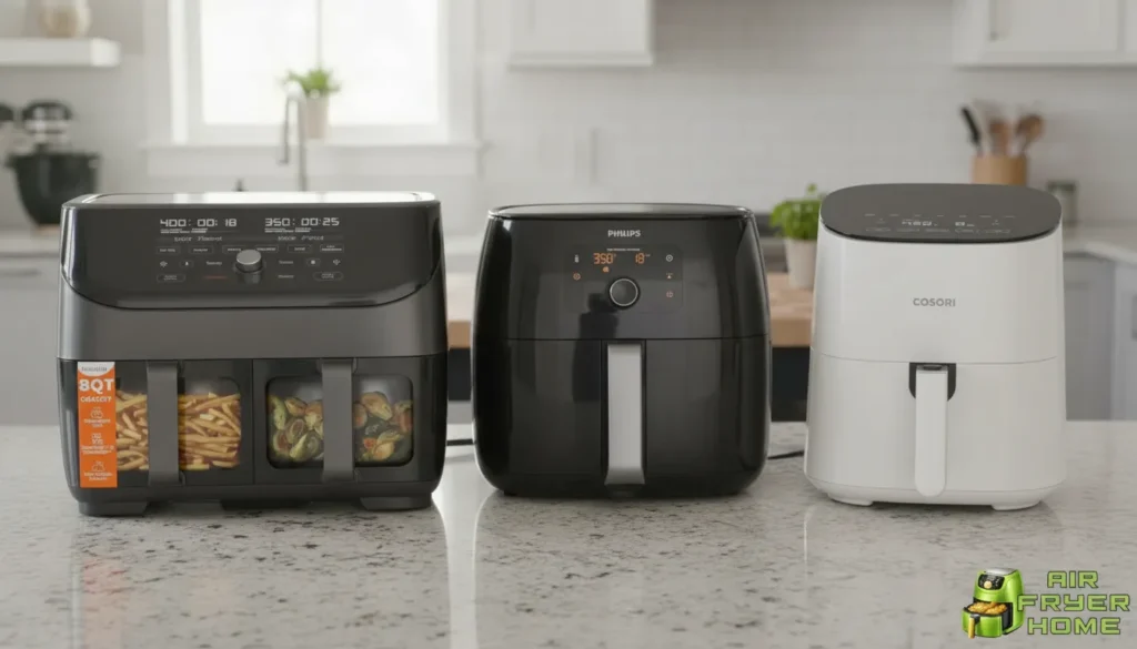 Comparison view showing a large single-basket air fryer next to a dual-basket model for size